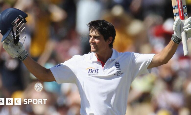 England's Alastair Cook celebrates a century during the 2010-11 Ashes tour of Australia