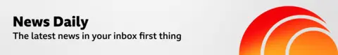 لافتة رفيعة رمادية اللون تروج لنشرة News Daily الإخبارية. يوجد على اليمين رسم بياني لكرة برتقالية حولها شكلان هلاليان متحدان المركز بتدرج أحمر برتقالي، مثل موجة صوتية. يقرأ اللافتة: "آخر الأخبار في بريدك الوارد أول شيء.
