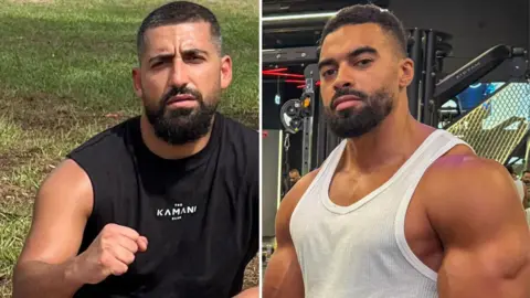 لقطات مركبة قريبة من Instagram لسينا غامي ولطيف أيوديلي يرتديان ملابس فردية في صور منفصلة