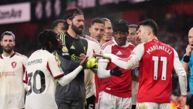 لاعب ارسنال مارتينيلي آسف بعد دفع برادلي المصاب. بالإضافة إلى: تدخل دروغبا في زمن الحرب