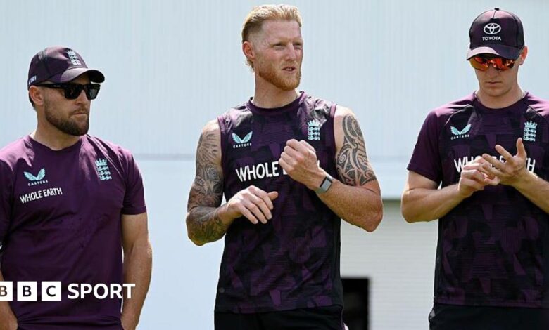 England captain Ben Stokes speaks to the team alongside coach Brendon McCullum and Harry Brook during a net session at Edgbaston in June